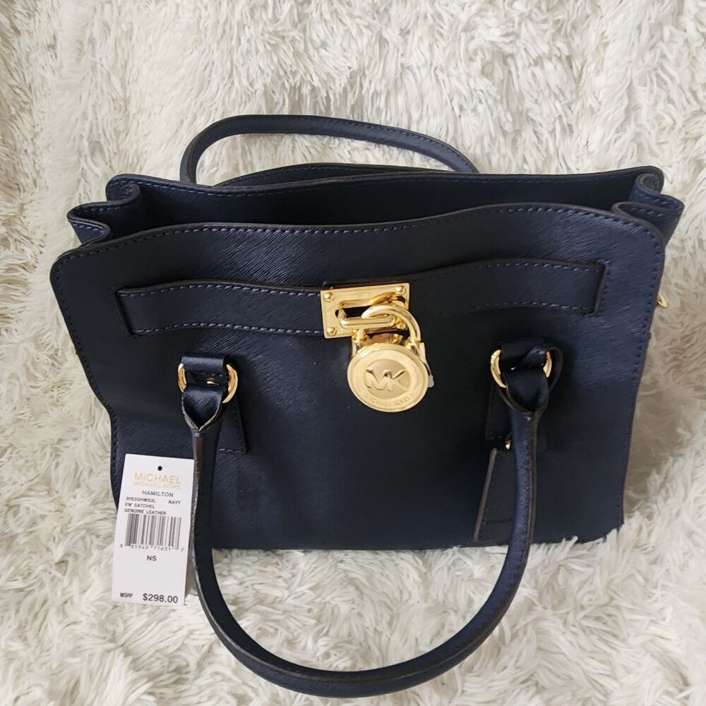 Michael Kors Navy Blue Saffiano Leather Satchel Bag With Gold-Tone Hardware & Ch